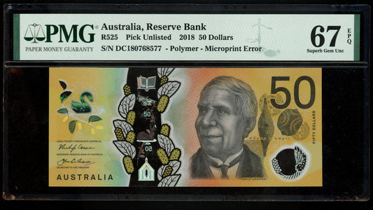 Lot 809: Australia - 2018 - 50 Dollars - Microprint Error - PMG 67 EPQ