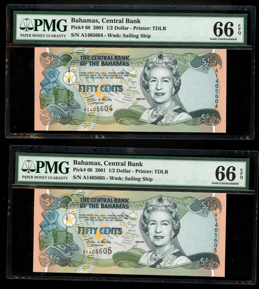 Lot 811: Bahamas - 2001 - 50 Cents - 2 Consecutive Notes - PMG 66 EPQ