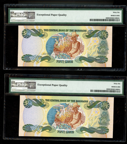 Lot 811: Bahamas - 2001 - 50 Cents - 2 Consecutive Notes - PMG 66 EPQ