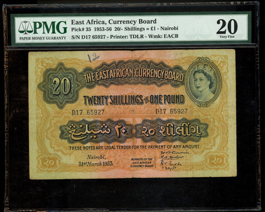 Lot 823: East Africa - 1953-1956 - 20 Shillings - PMG 20