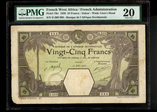 Lot 838: French West Africa - 1926 - 25 Francs - PMG 20