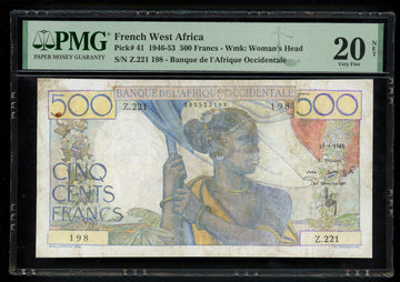 Lot 839: French West Africa - 1946-1953 - 500 Francs - PMG 20 NET
