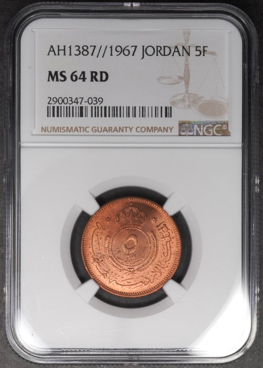 Lot 862: Jordan - 1967 - 5 Fils - NGC MS 64 RD