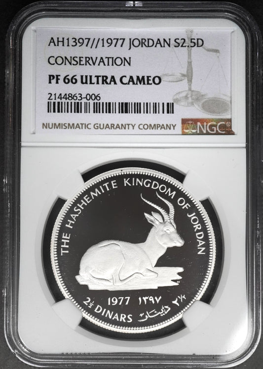 Lot 864: Jordan - 1977 - Silver 2.5 Dinars - WWF Conservation Issue - Rhim Gazelle - NGC PF 66 Ultra Cameo