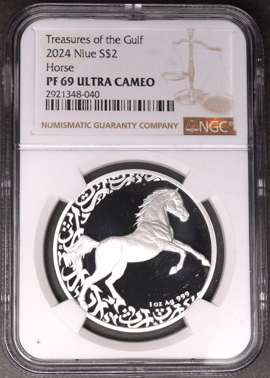 Lot 886: Niue - 2024 - Silver 2 Dollars - Treasures of the Gulf - Arabian Horse - NGC PF 69 Ultra Cameo