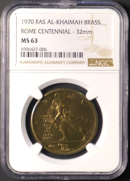 Lot 920: Ras Al Khaimah - 1970 - Rome Centennial Brass Medal - NGC MS 63