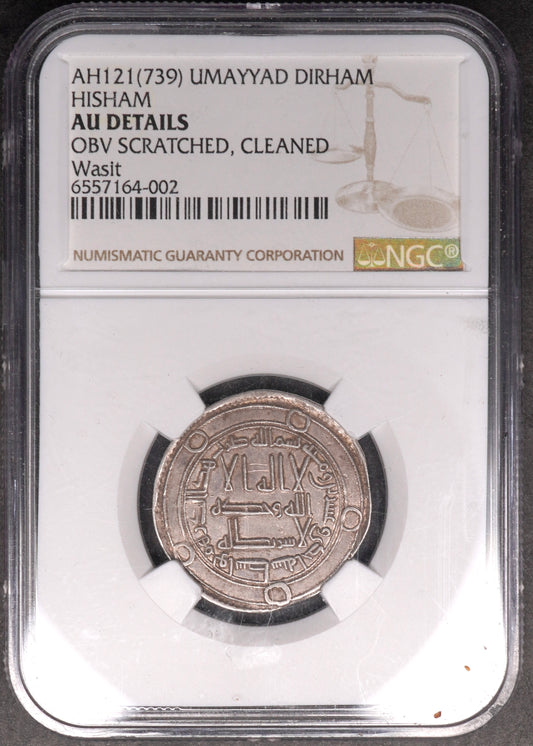 Lot 958: Umayyad Caliphate - AH 121 - Silver 1 Dirham - Hisham - Struck in Wasit - NGC AU Details - Obverse Scratched, Cleaned