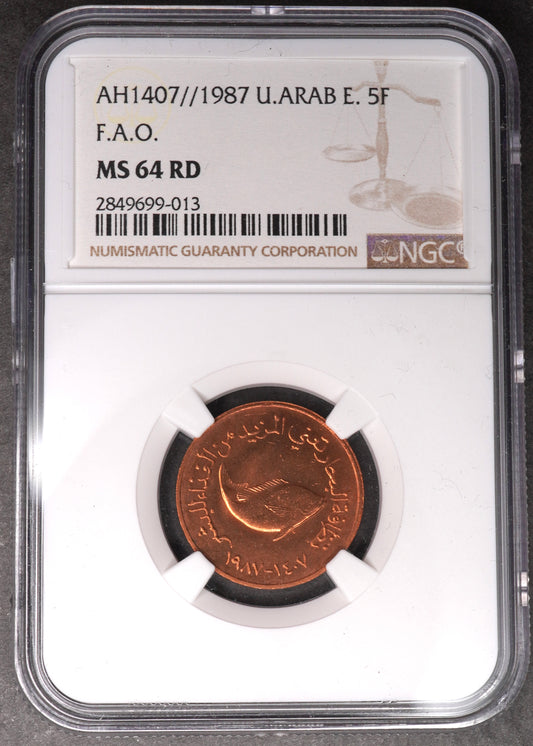 Lot 976: United Arab Emirates - 1987 - 5 Fils - Key Date - NGC MS 64 RD
