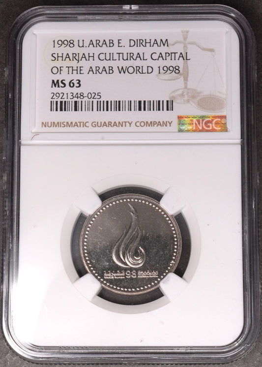 Lot 985: United Arab Emirates - 1998 - 1 Dirham - Sharjah Cultural Capital of the Arab World - NGC MS 63