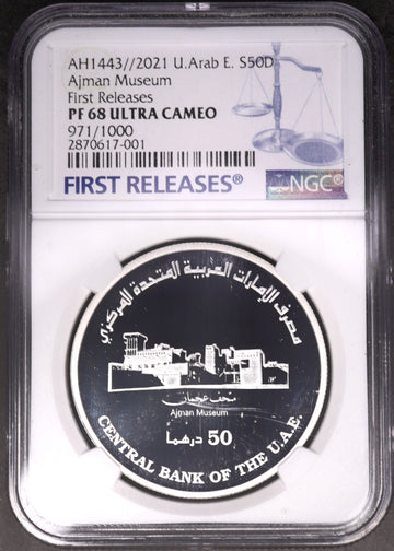 Lot 995: United Arab Emirates - 2021 - Silver 50 Dirhams - Ajman Museum - 971/1000 - NGC PF 68 Ultra Cameo - First Releases