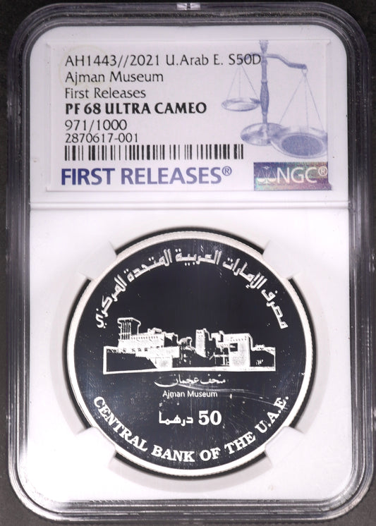 Lot 995: United Arab Emirates - 2021 - Silver 50 Dirhams - Ajman Museum - 971/1000 - NGC PF 68 Ultra Cameo - First Releases