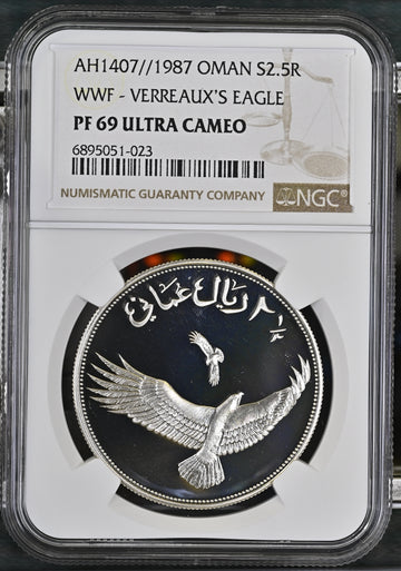 Oman - 1987 - Silver 2.5 Riyals - WWF Issue - Verreaux’s Eagle - NGC PF 69 ULTRA CAMEO