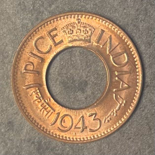 1943 British India 1 Pice - King George VI - Pretoria Mint - High Crown with small dot - Gem UNC