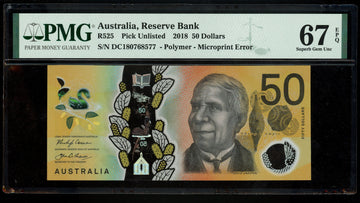 Lot 809: Australia - 2018 - 50 Dollars - Microprint Error - PMG 67 EPQ