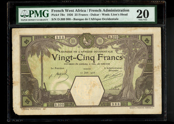 Lot 838: French West Africa - 1926 - 25 Francs - PMG 20
