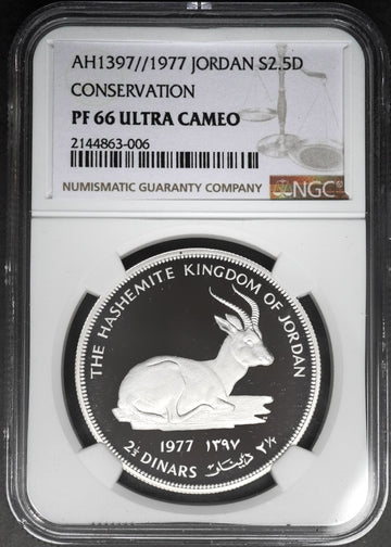 Lot 864: Jordan - 1977 - Silver 2.5 Dinars - WWF Conservation Issue - Rhim Gazelle - NGC PF 66 Ultra Cameo