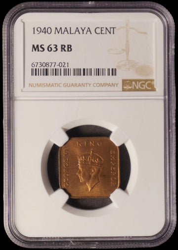 Lot 878: Malaya - 1940 - 1 Cent - NGC MS 63 RB