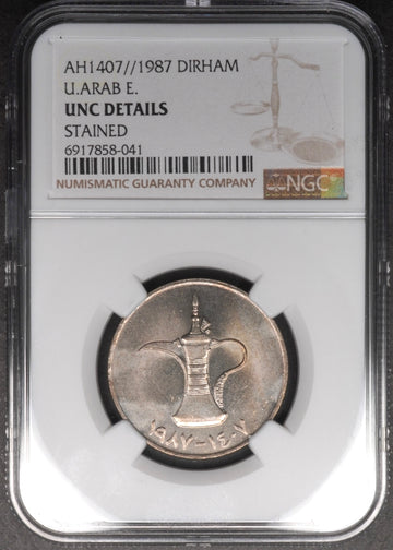 Lot 975: United Arab Emirates - 1987 - 1 Dirham - NGC UNC Details, Stained
