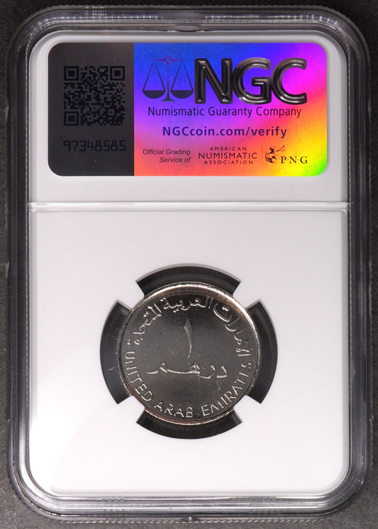 Lot 992: United Arab Emirates - 2008 - 1 Dirham - National Bank of Abu Dhabi 40th Anniversary - NGC MS 65