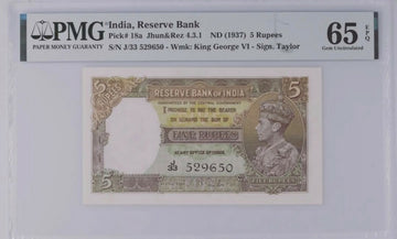 India, 1937,5 Rupees, Pick 18a.